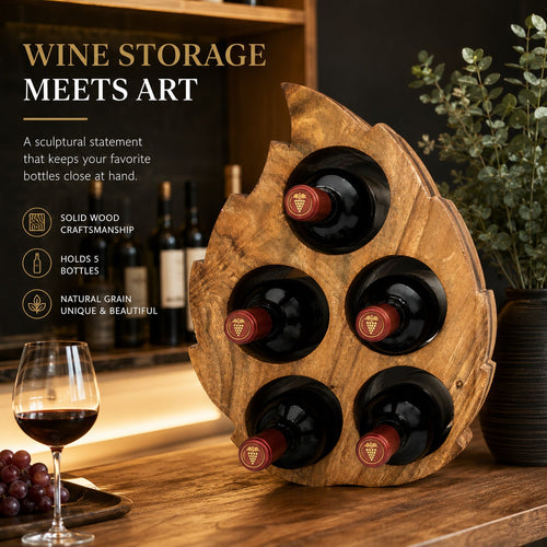 LEKUVIA Leaf-Shaped 5-Bottle Wooden Wine Rack
