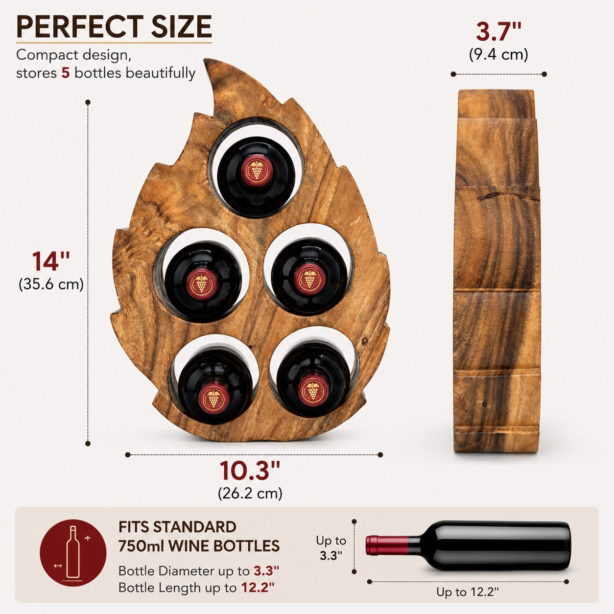 LEKUVIA Leaf-Shaped 5-Bottle Wooden Wine Rack