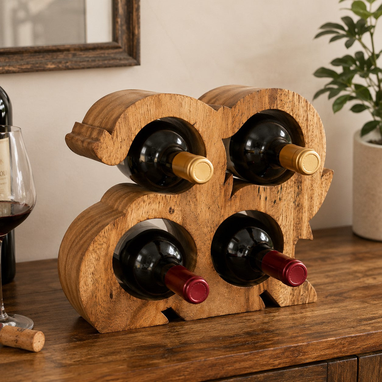 LEKUVIA Carved 4-Bottle Wooden Wine Holder