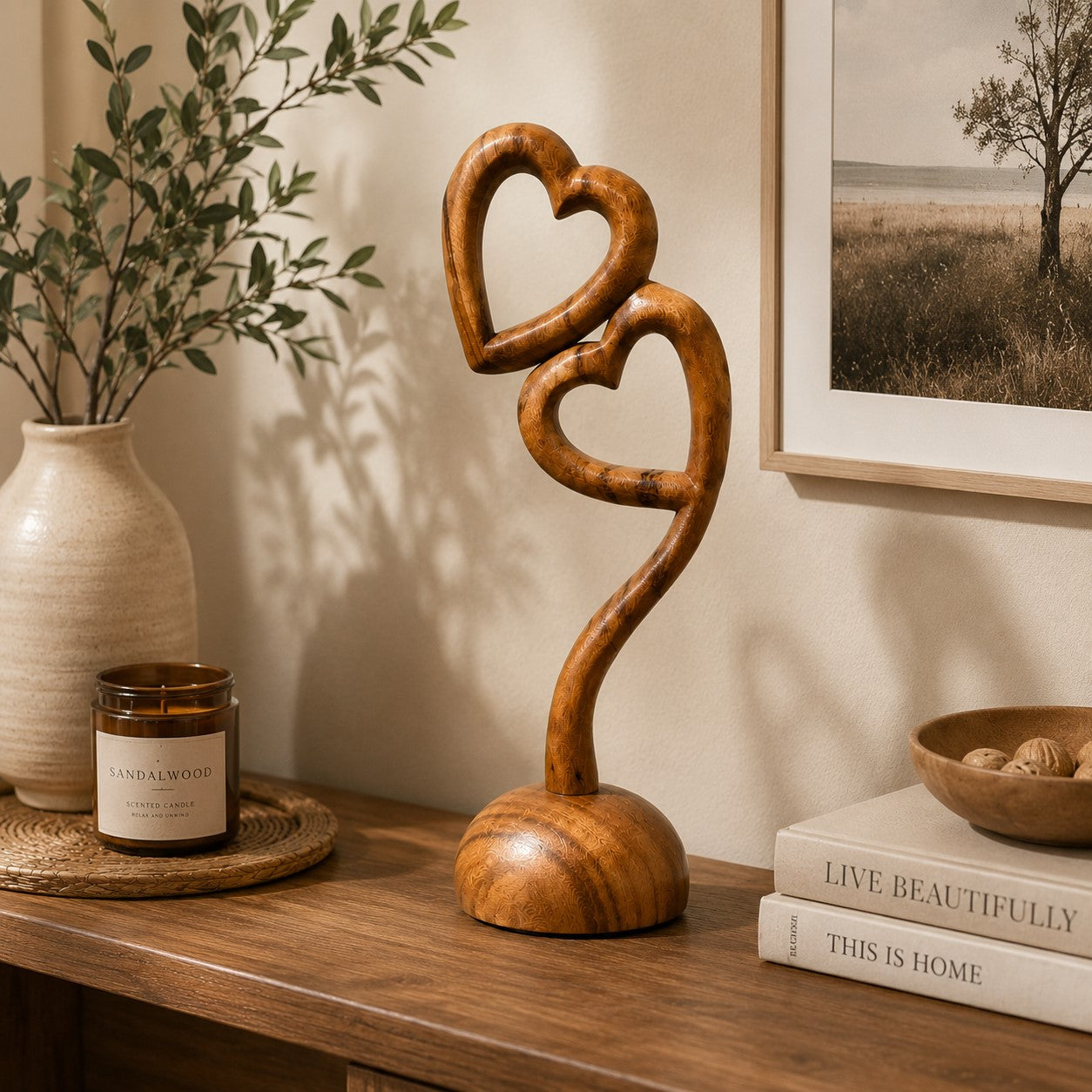 Solid Wood Heart Sculpture Decor