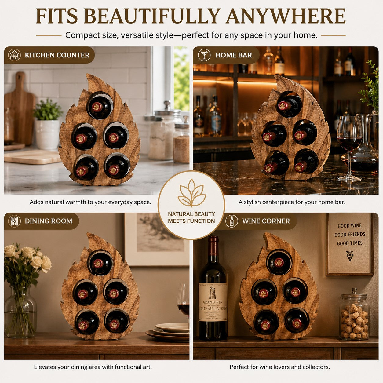 LEKUVIA Leaf-Shaped 5-Bottle Wooden Wine Rack