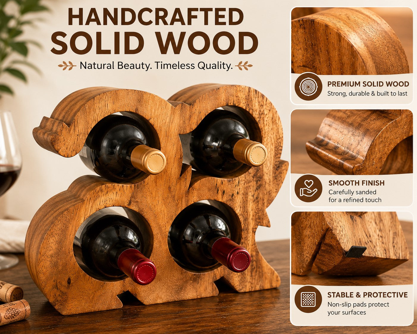 LEKUVIA Carved 4-Bottle Wooden Wine Holder