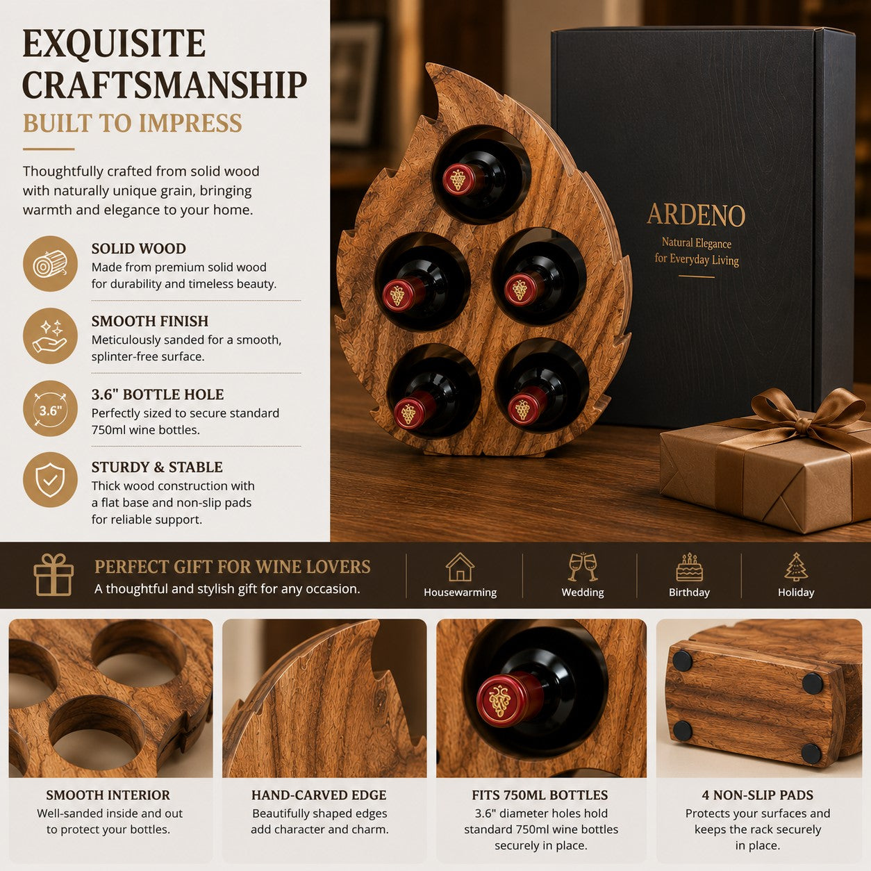 LEKUVIA Leaf-Shaped 5-Bottle Wooden Wine Rack