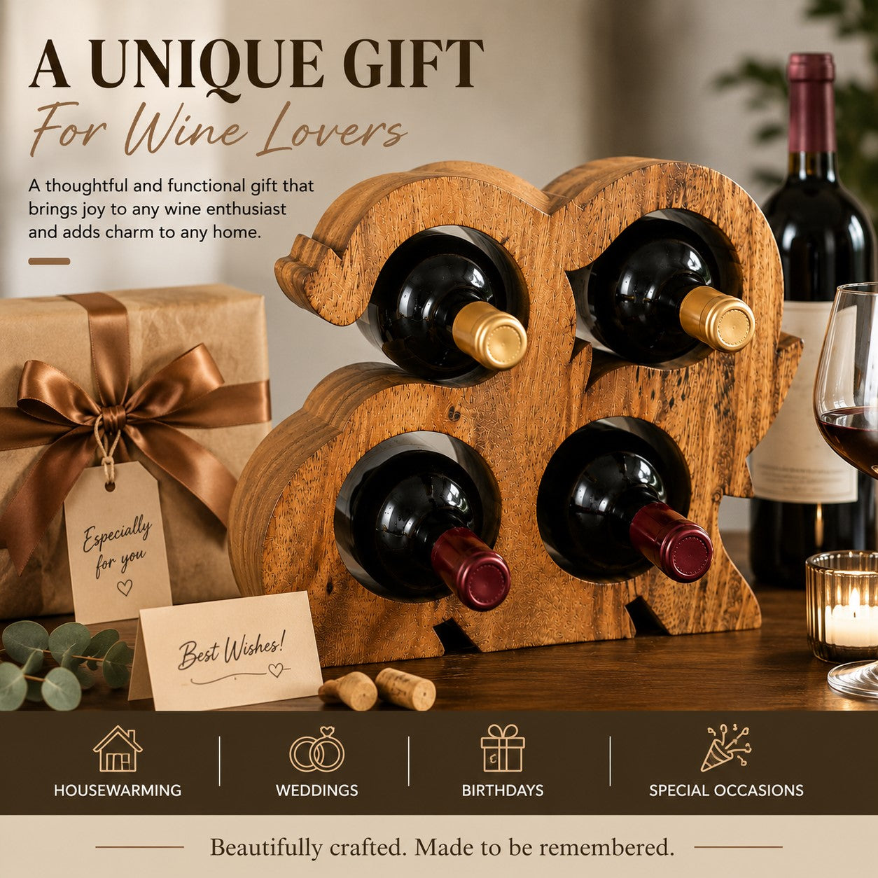 LEKUVIA Carved 4-Bottle Wooden Wine Holder