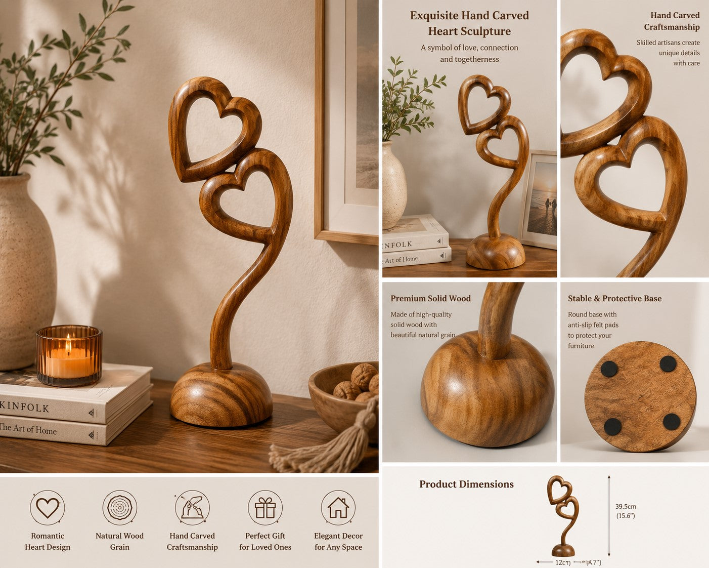 Solid Wood Heart Sculpture Decor