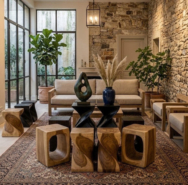 Heavy-duty solid wood side tables, in various shapes